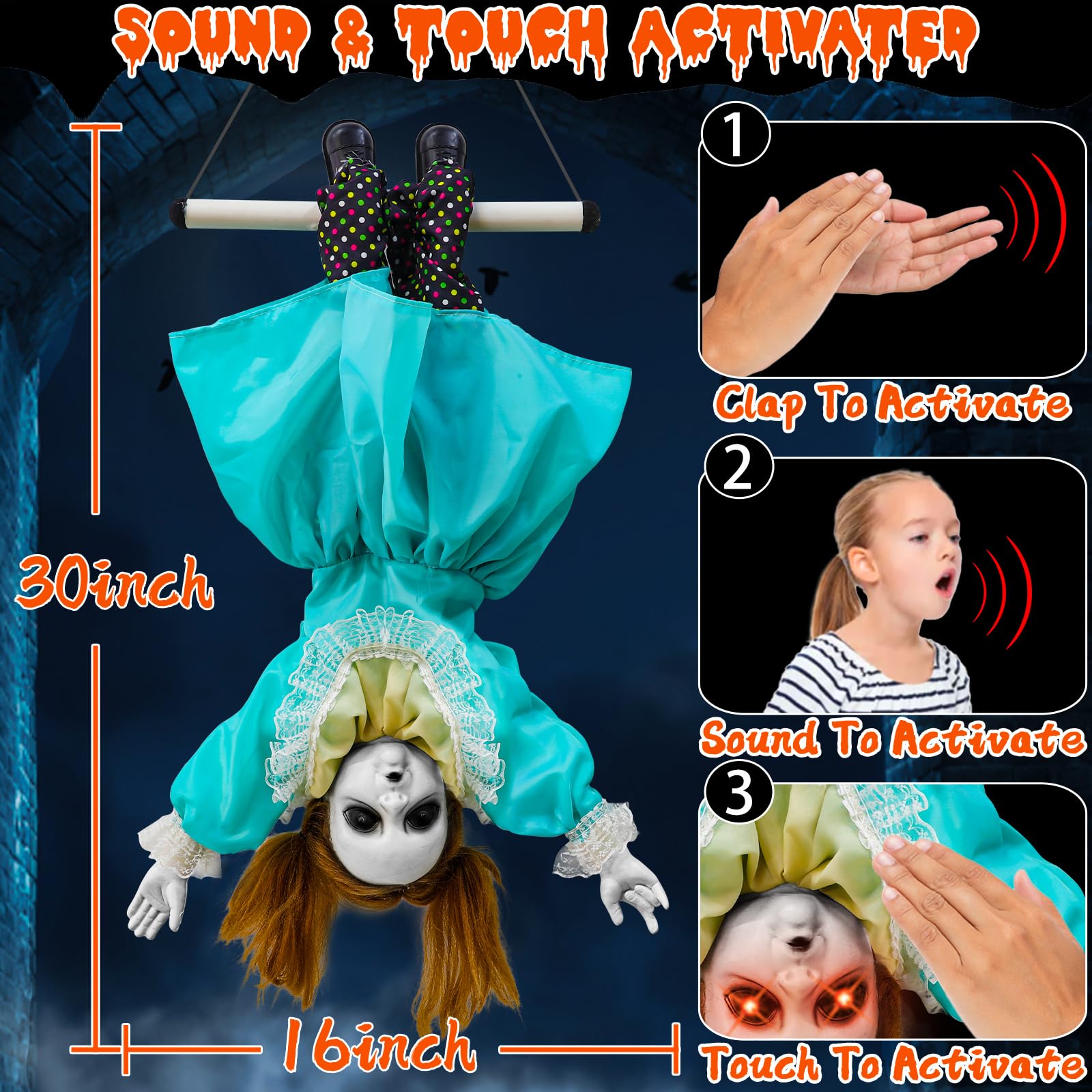 Close-up of TURNMEON Halloween doll showing detailed face and clothing