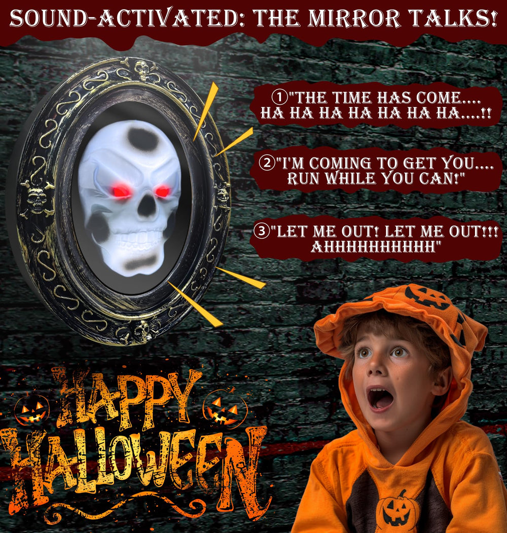 Close-up of TURNMEON Halloween mirror showing skull and sound device