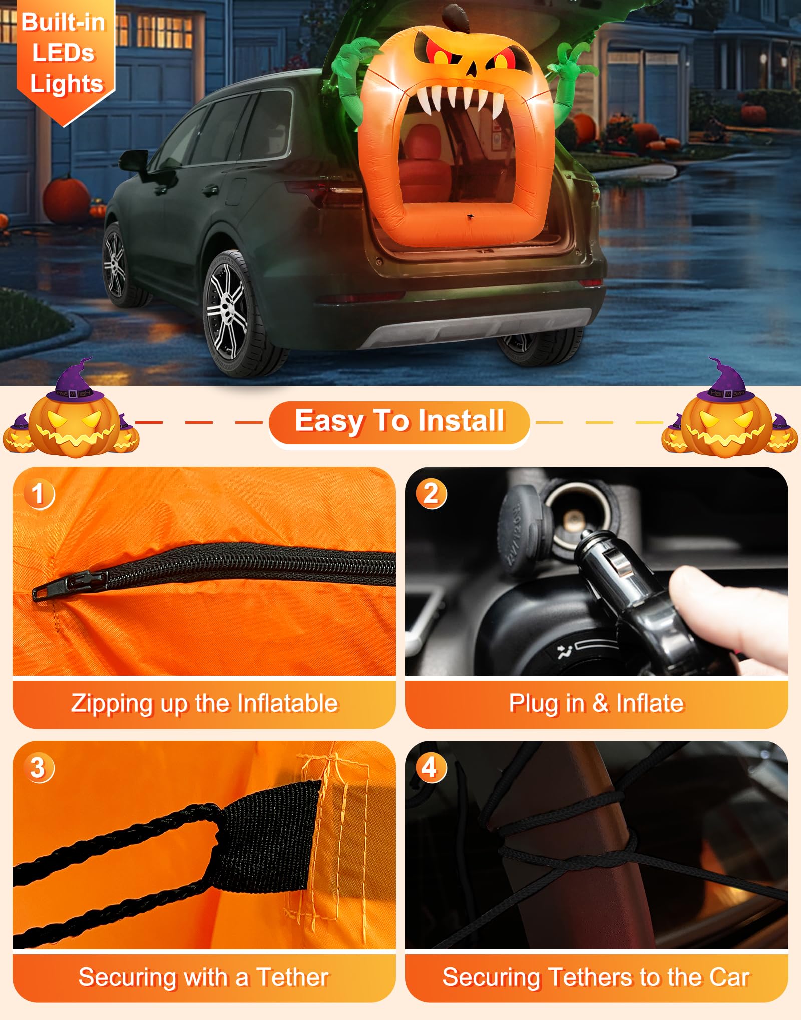 Close-up of TURNMEON inflatable pumpkin with creepy design