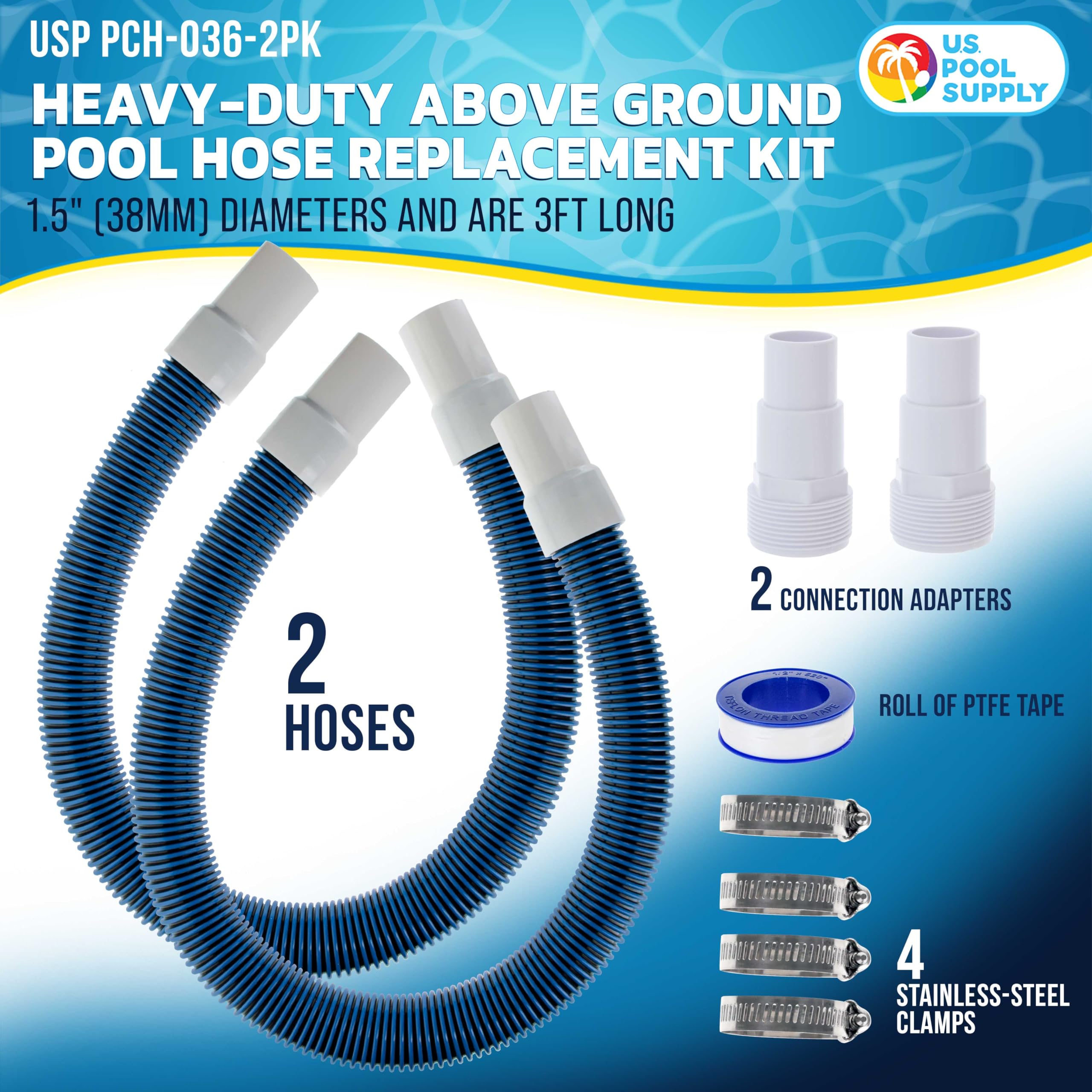 Close-up of U.S. Pool Supply pool hoses showing 1.5-inch diameter