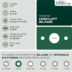 Close-up of UDC Parts GX20250 mower blade dimensions