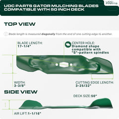 Close-up of UDC Parts mower blade dimensions