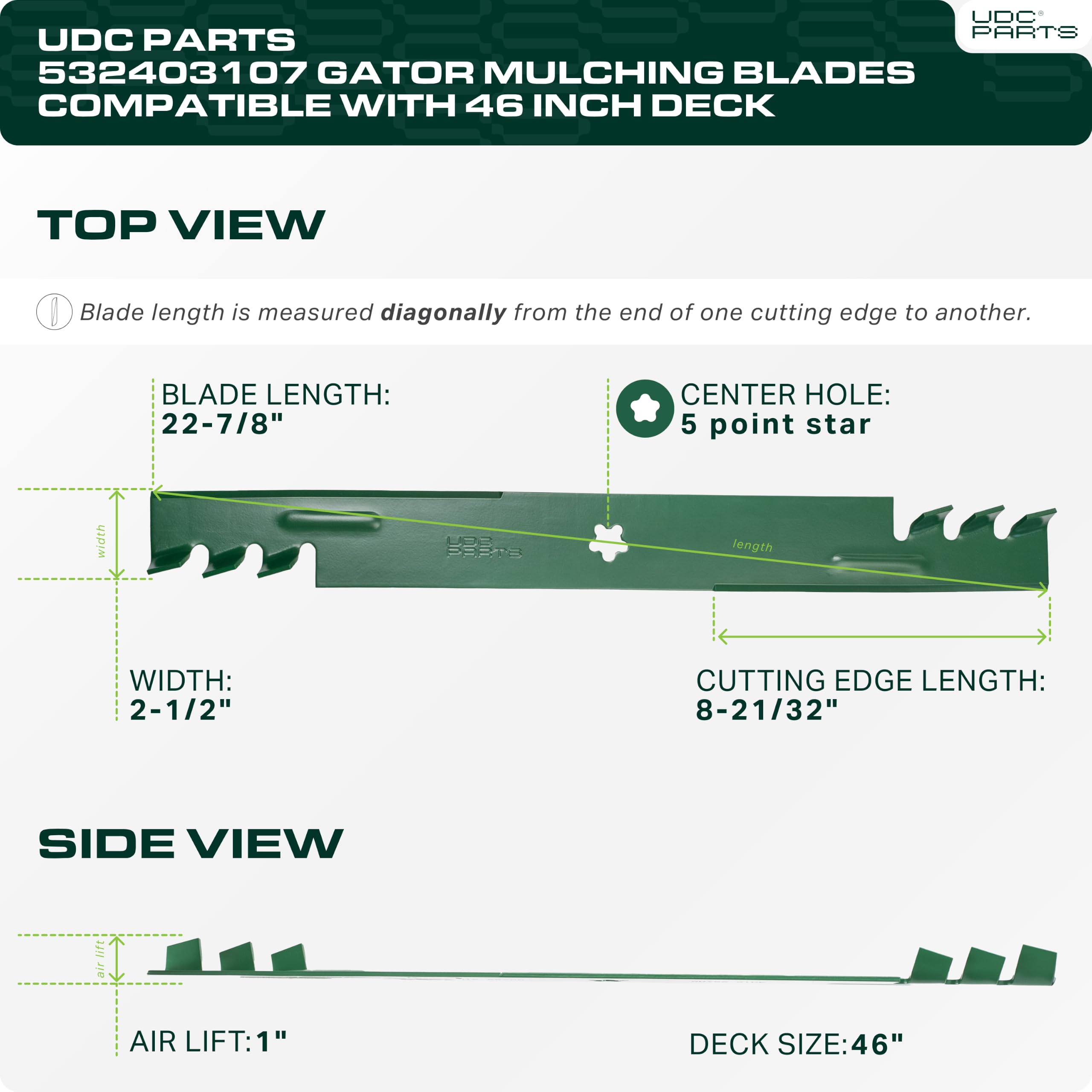Close-up of UDC Parts mower blades showing 5-point star hole