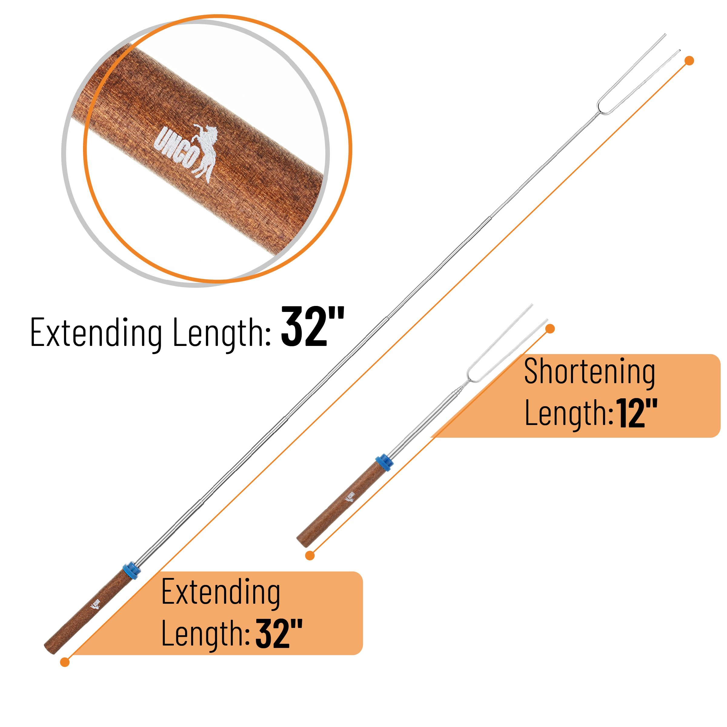 Close-up of UNCO roasting stick with dual prongs and protective tips