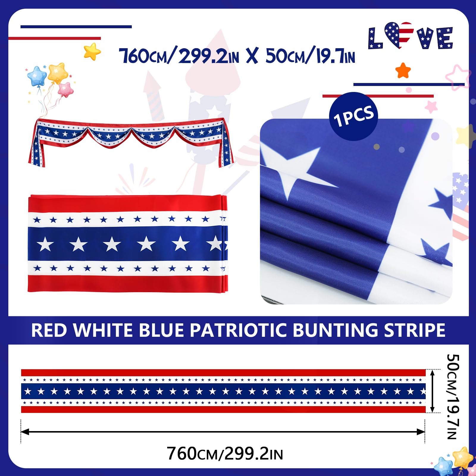 Close-up of UQJE American Flag Bunting showing vibrant star details