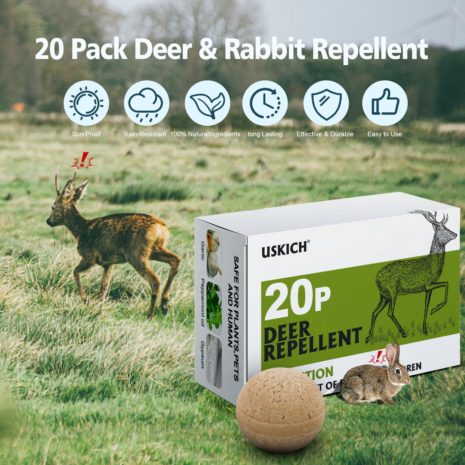 Close-up of USKICH Deer Repellent ball in garden setting