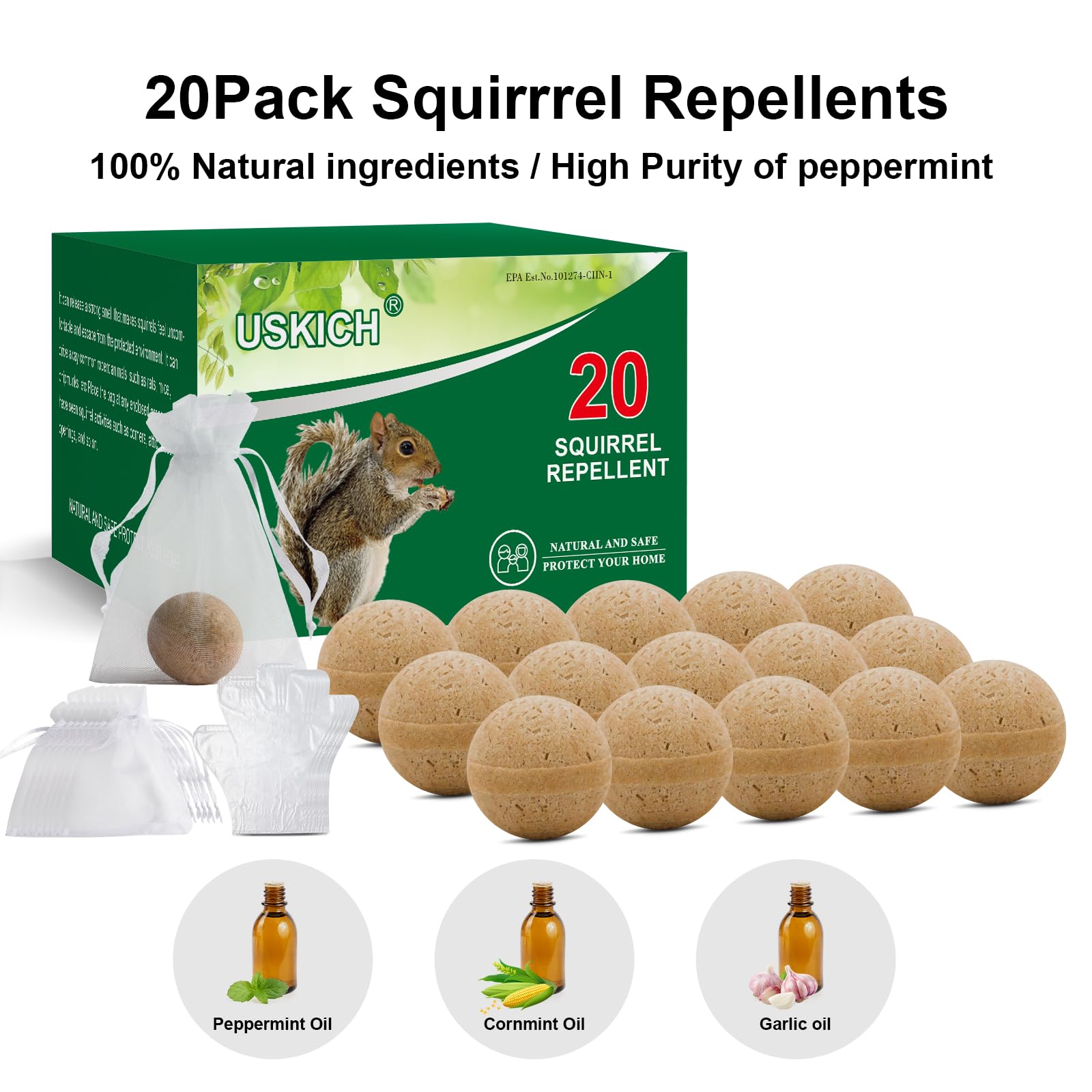 Close-up of USKICH Squirrel Repellent Ball showing mint scent