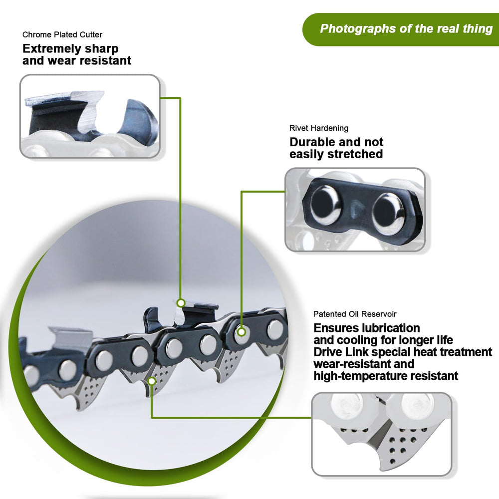 Close-up of V-MODEST chainsaw chain drive links