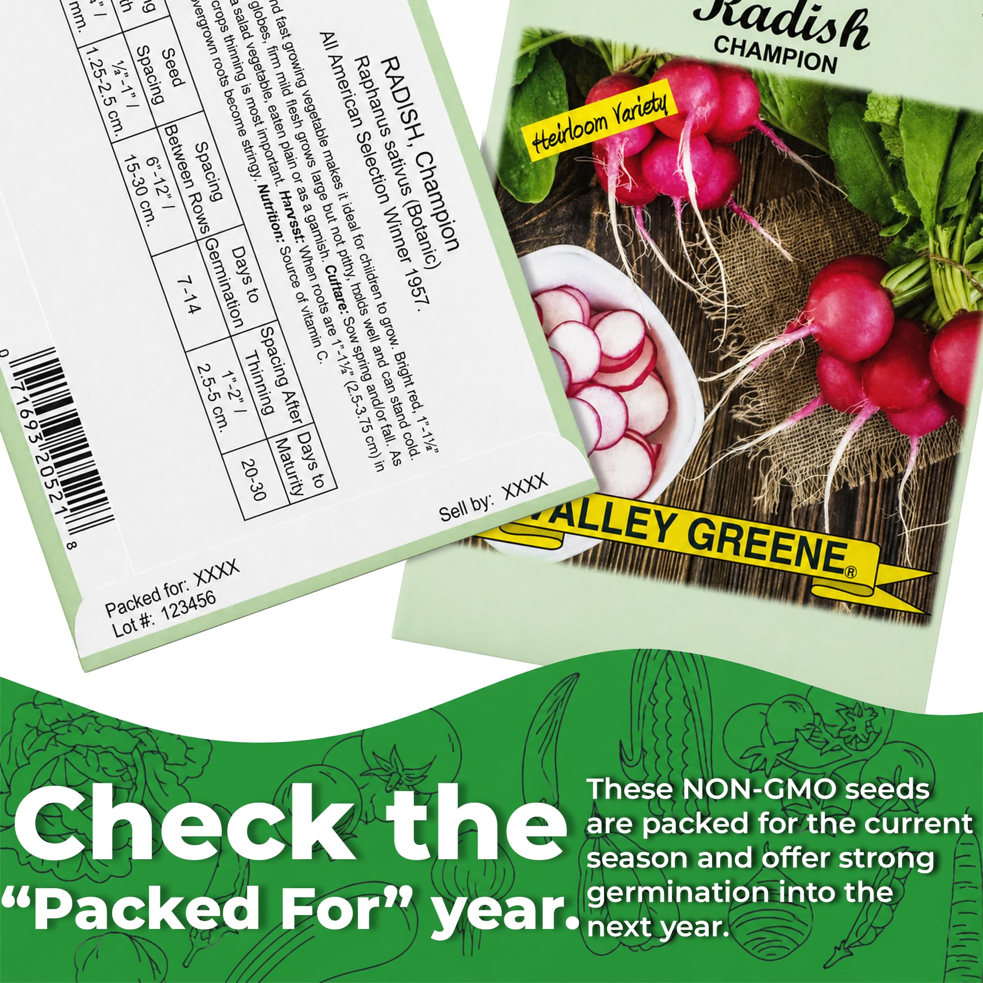 Close-up of Valley Greene non-GMO seeds packaging