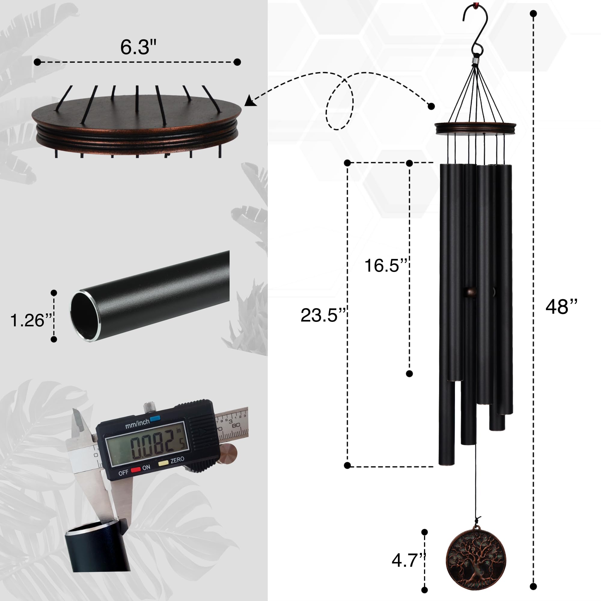 Close-up of Vanquer Wind Chimes aluminum tubes, showcasing deep tone