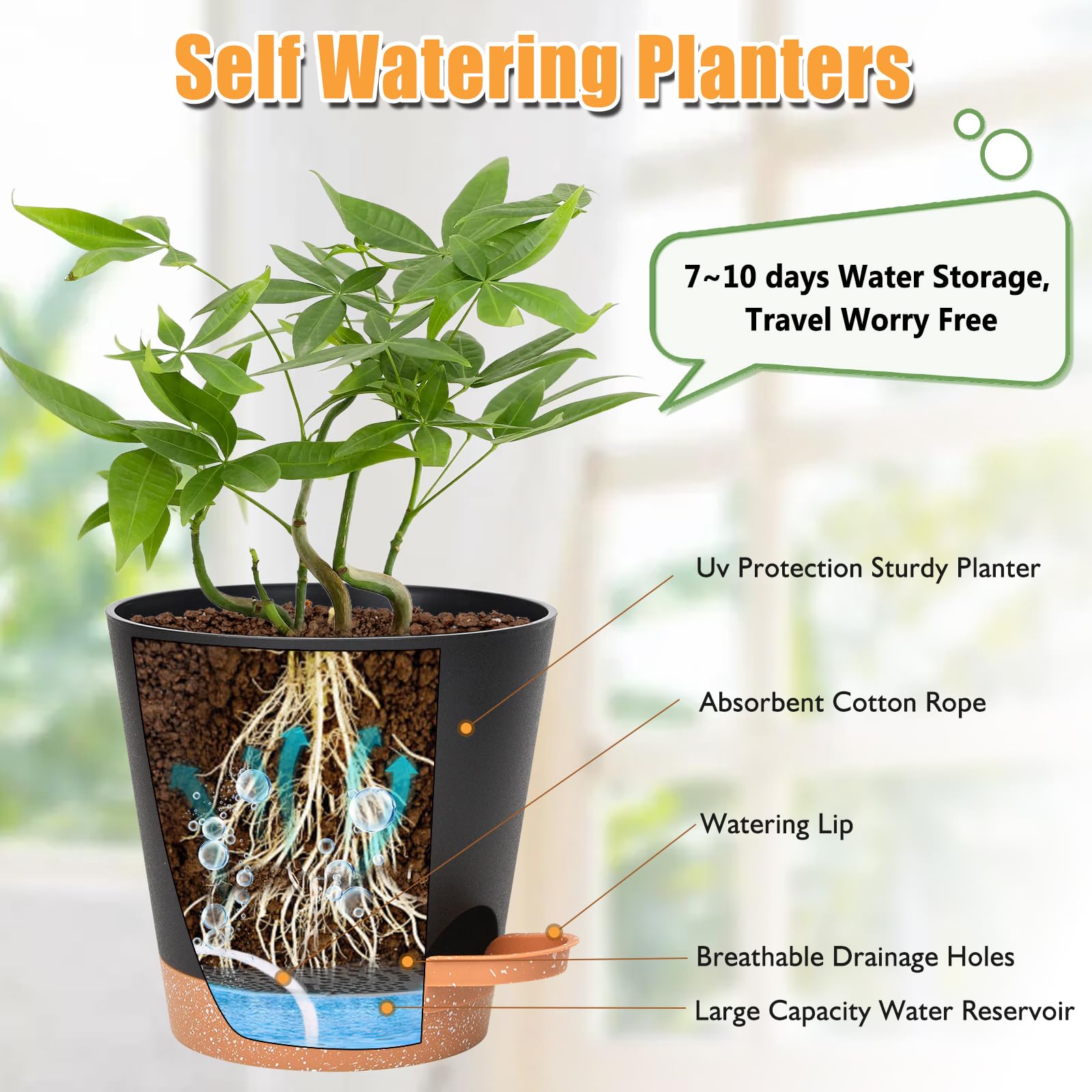 Close-up of Vanslogreen planter with drainage holes and saucer