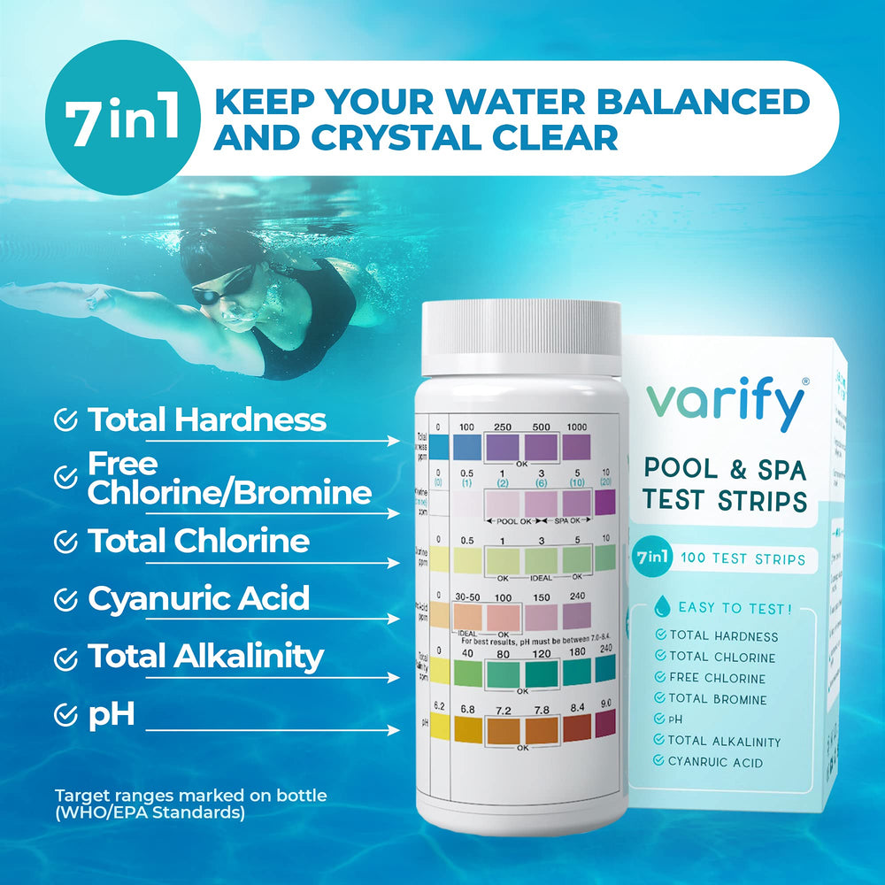 Close-up of VARIFY Pool Test Strips showing colour chart
