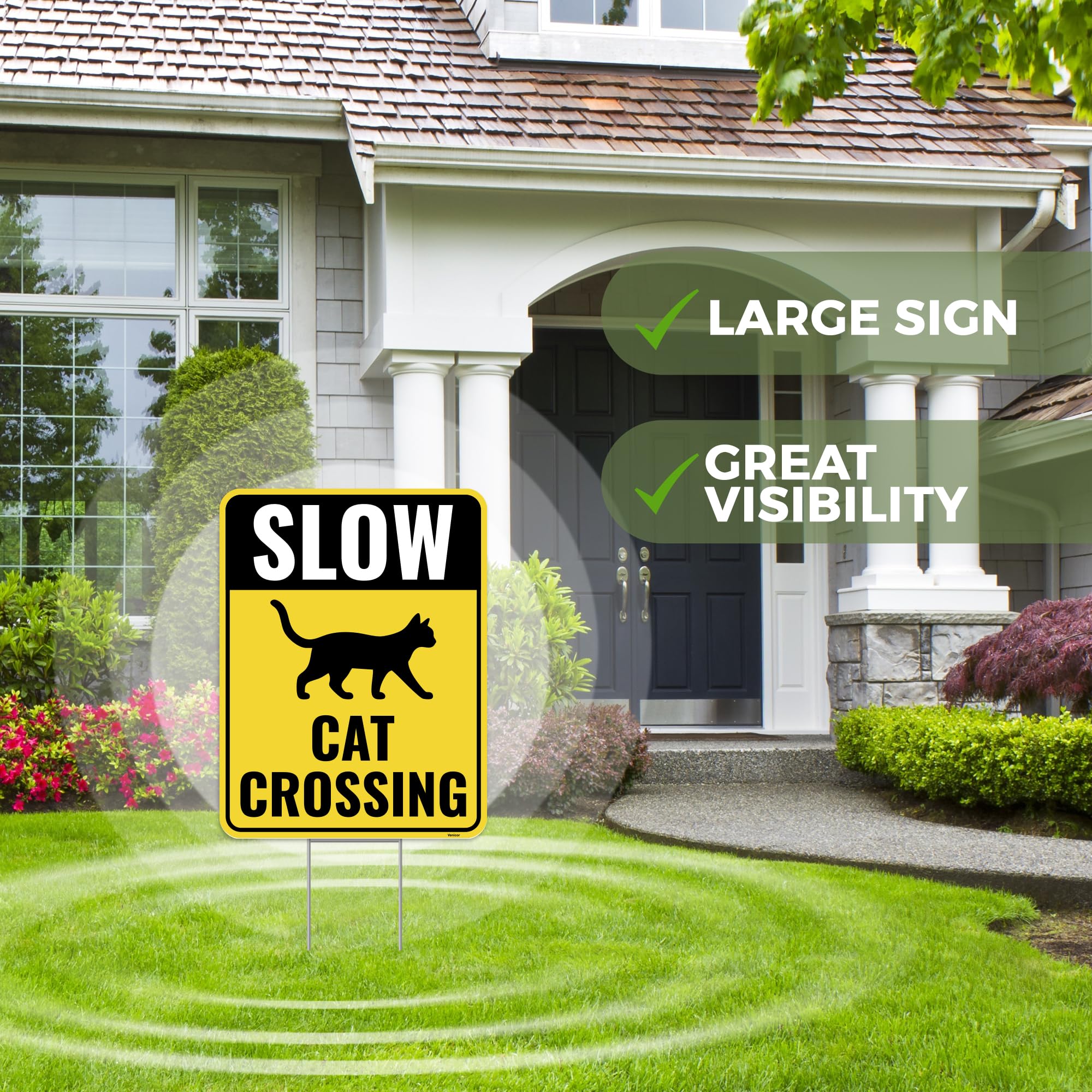 Close-up of Venicor Cat Crossing Sign showing vibrant colours