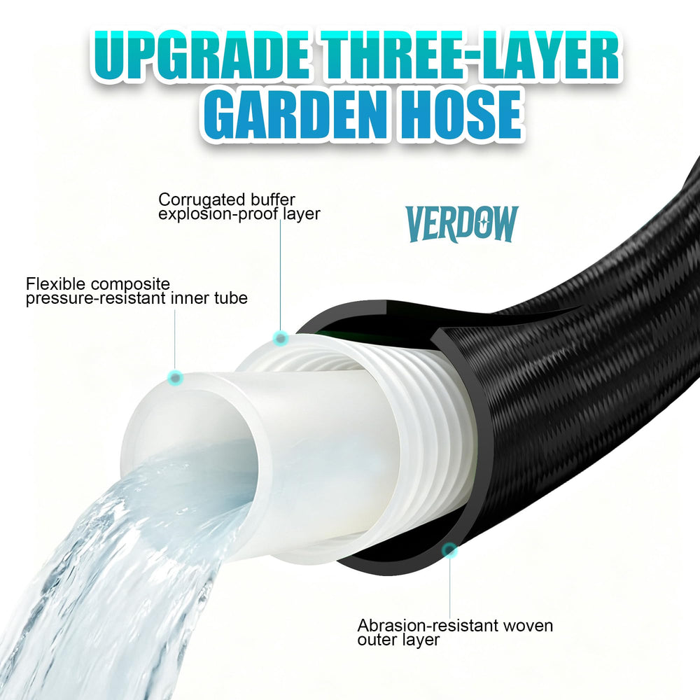 Close-up of VERDOW 100ft garden hose connectors and sealing washers