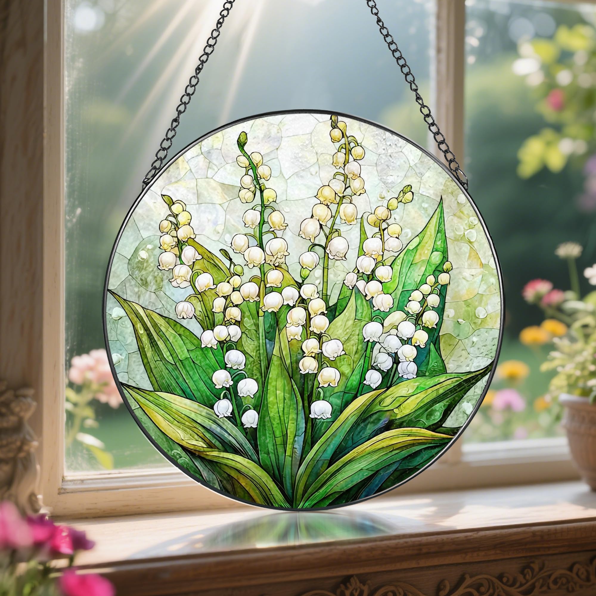 Close-up of vibrant colours on LAOWEIKI stained glass sun catcher