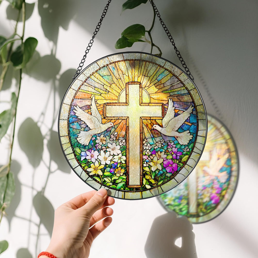 Close-up of vibrant colours on LAOWEIKI stained glass suncatcher