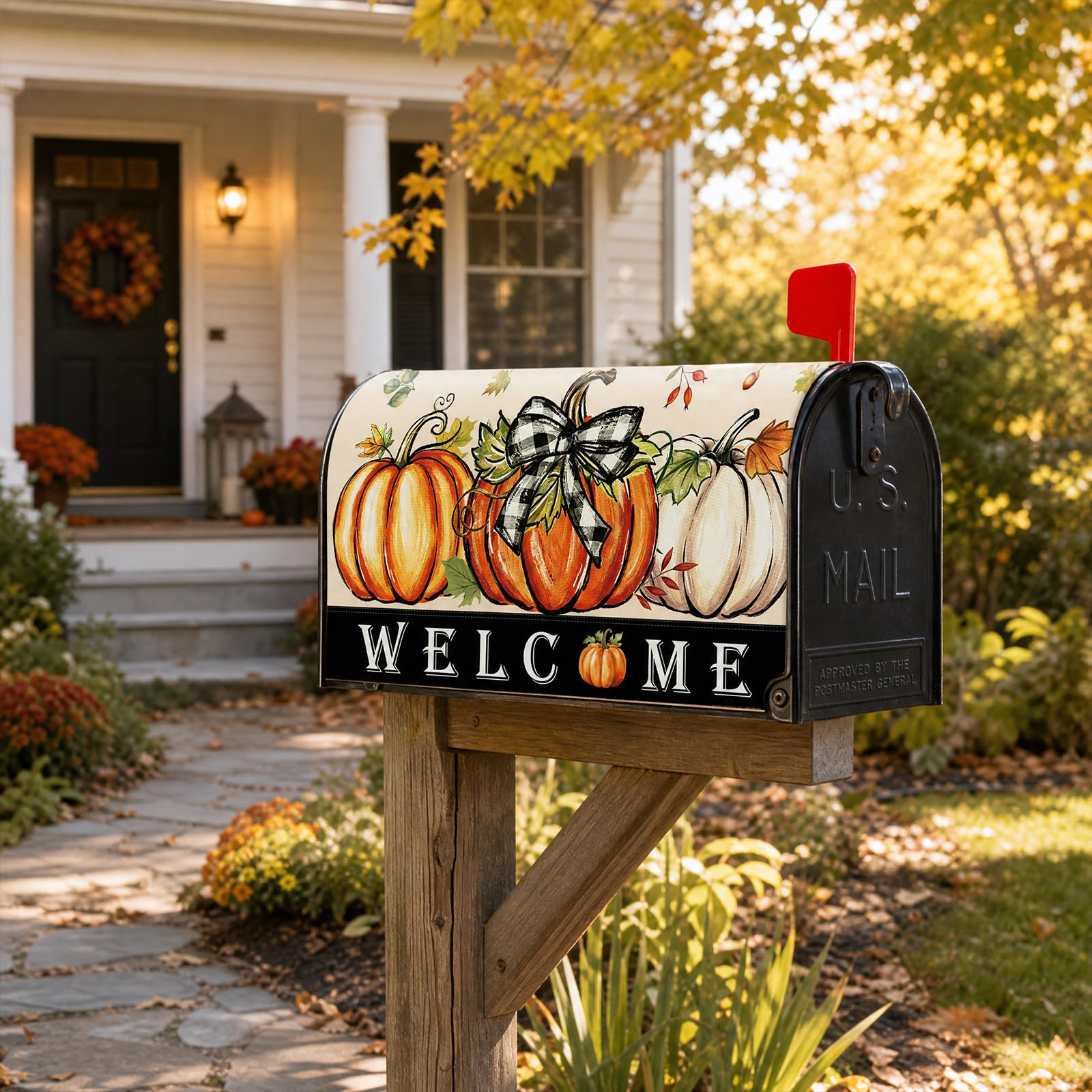 Close-up of VISSTREE mailbox cover featuring autumn leaves and a 'Welcome' greeting