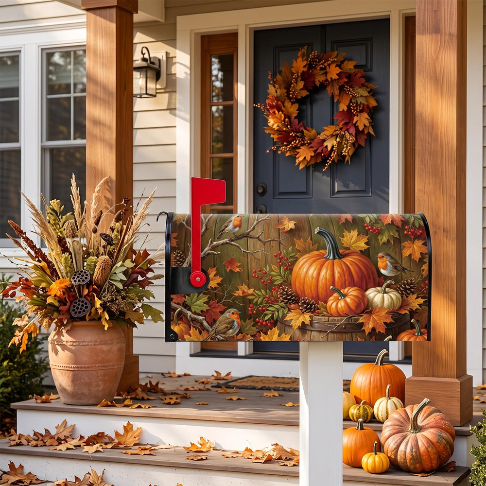 Close-up of VISSTREE mailbox cover showing detailed pumpkin and leaf design