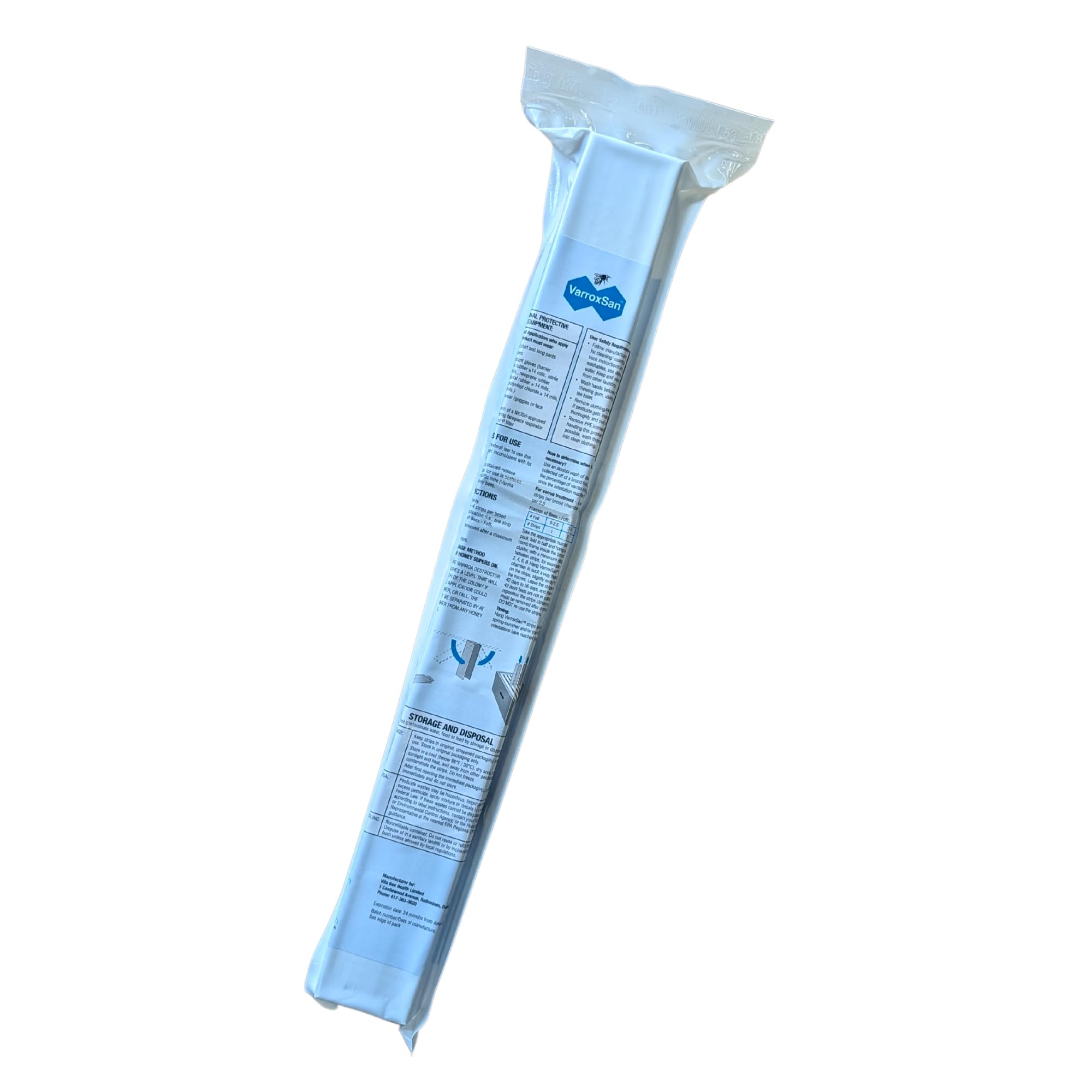Close-up of VITA BEEHEALTH Varroxsan Oxalic Acid Strip showing active ingredients