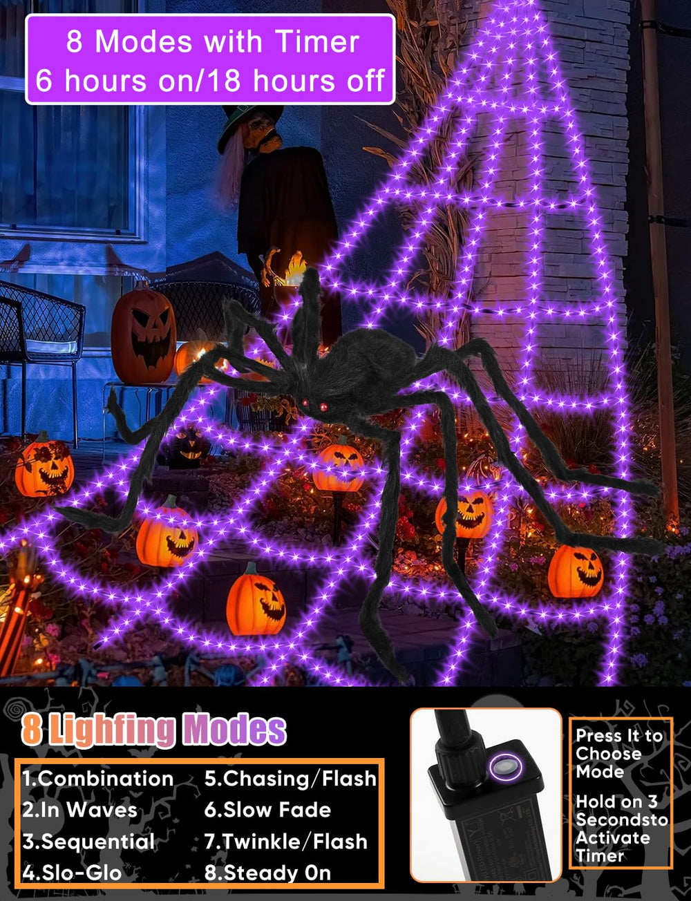 Close-up of VITI Halloween Spider Web Lights showing purple LED bulbs