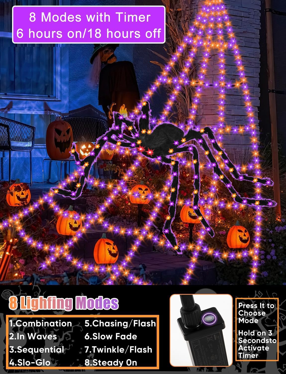 Close-up of VITI spider web lights showing the 8 lighting modes