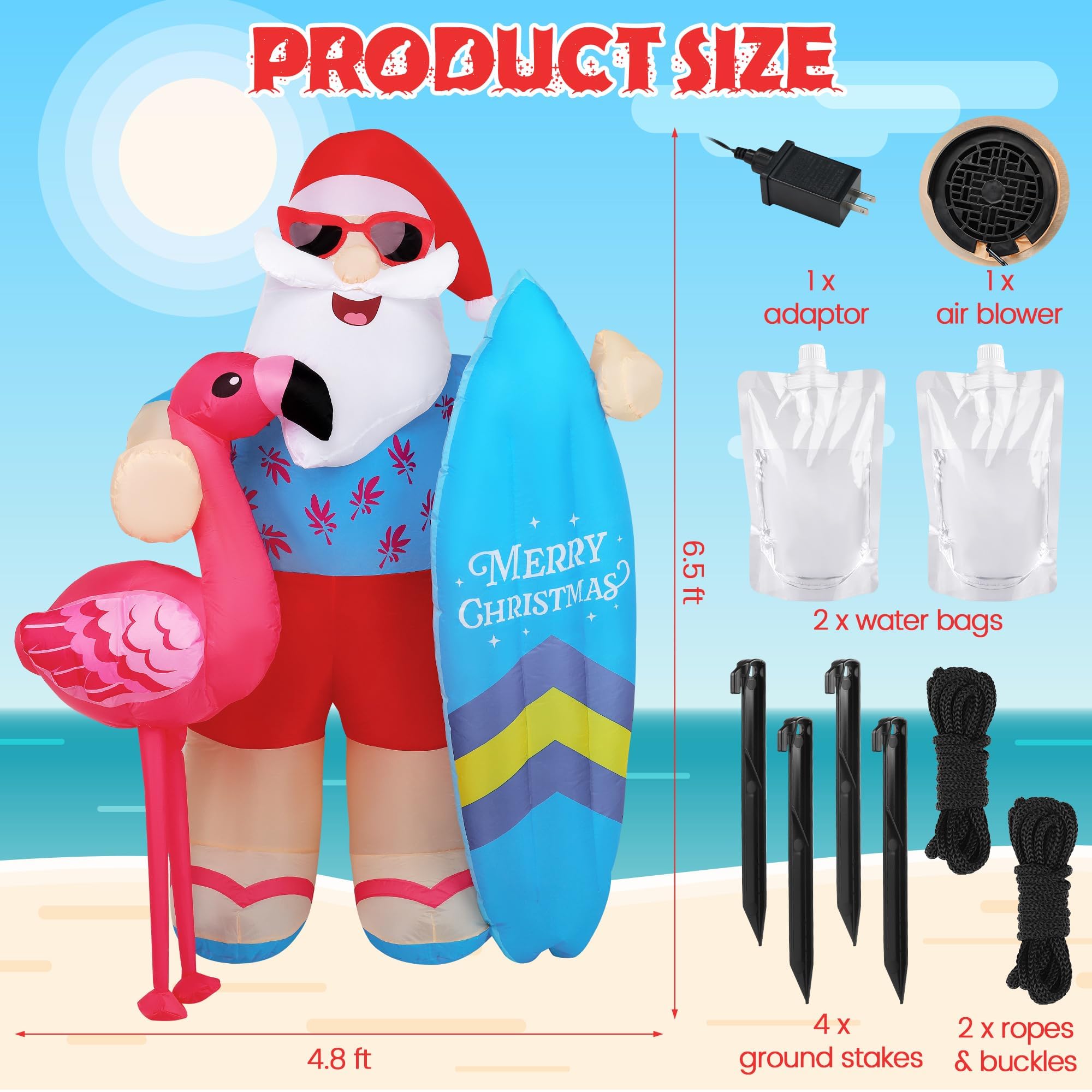 Close-up of Vivantia inflatable Santa holding a flamingo