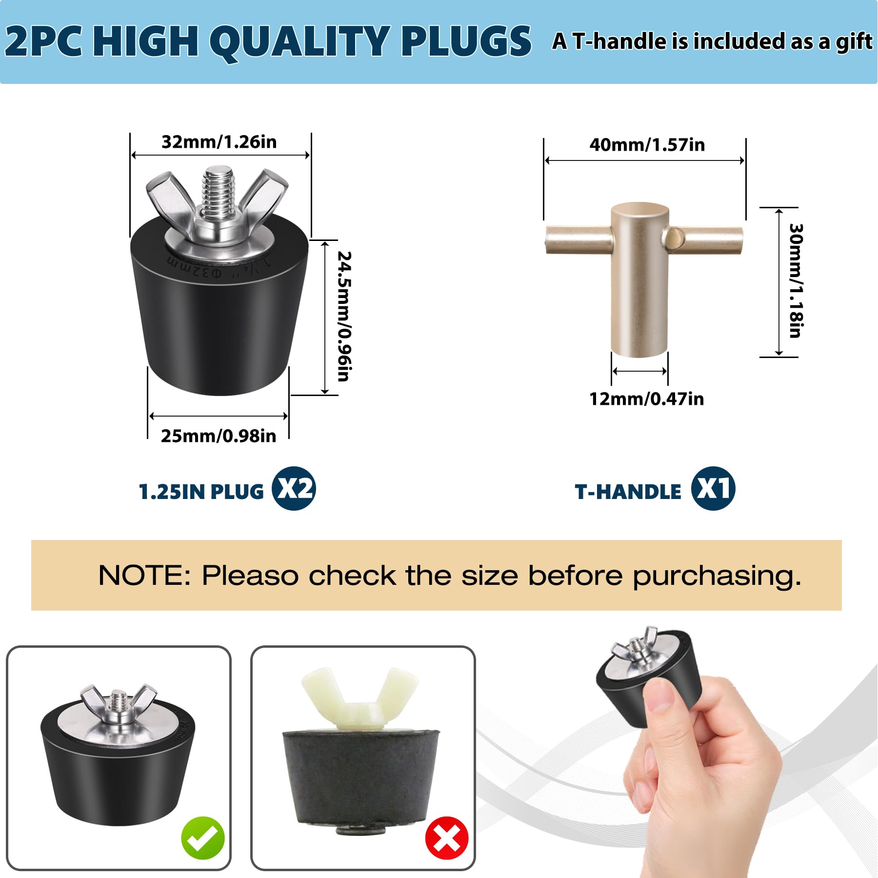 Close-up of Vizava 1.25 Inch Rubber Pool Plug with stainless steel wing nut