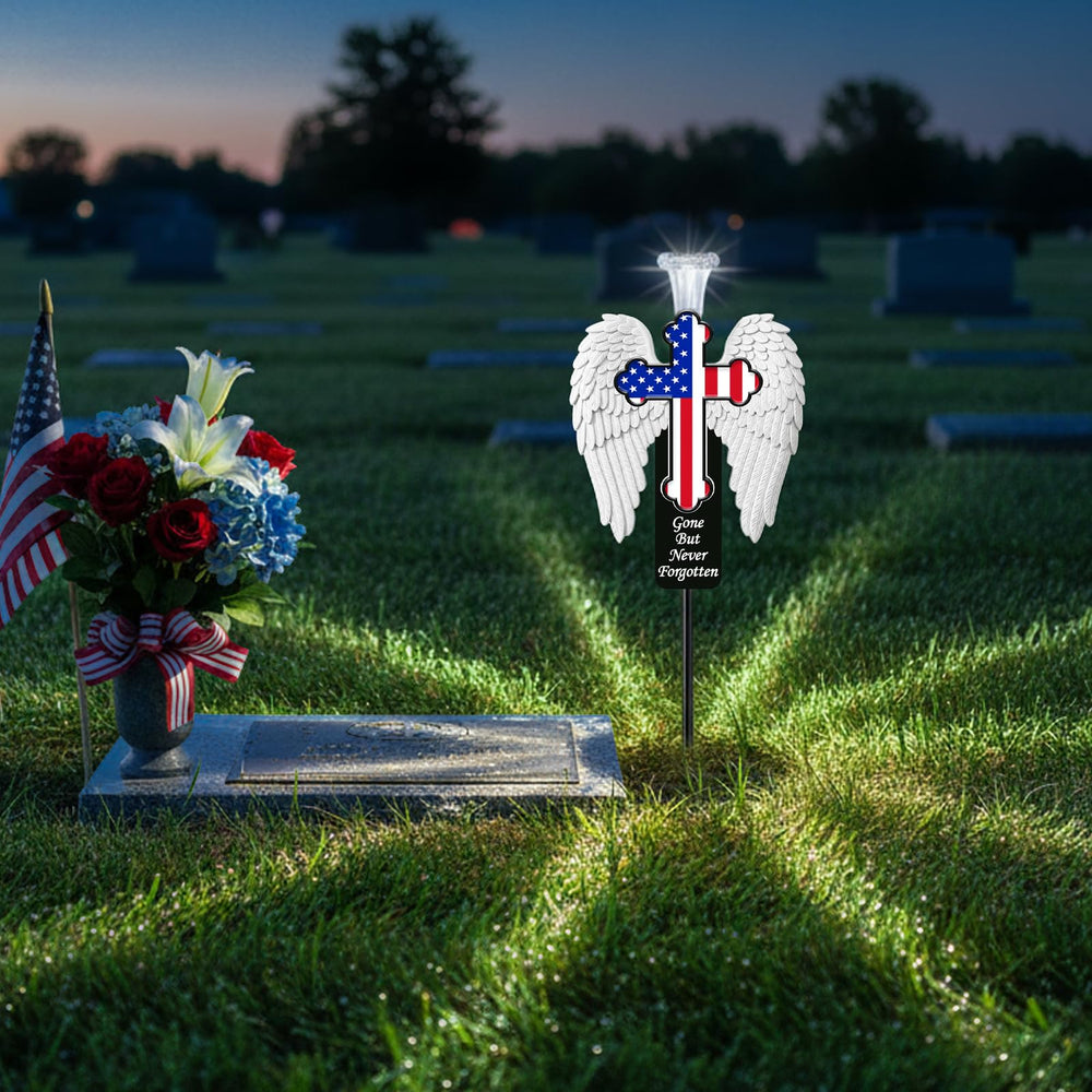 Close-up of VKEVOC memorial cross displaying American flag