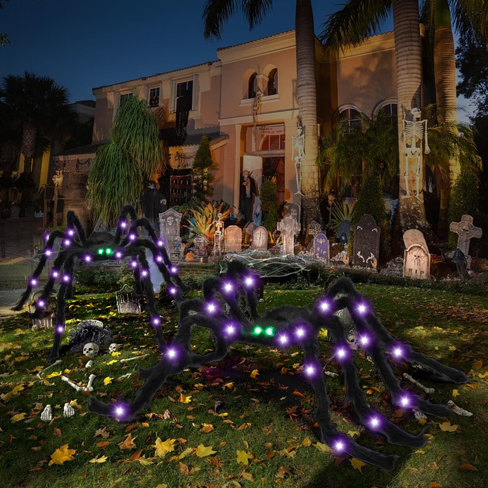 Close-up of VOMAOK Halloween Spider's green eyes and LED lights