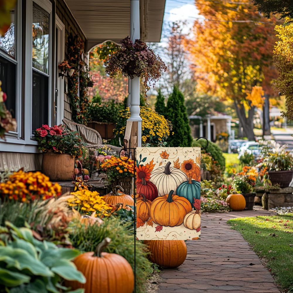 Close-up of Wanpluml Fall Pumpkin Garden Flag fabric texture