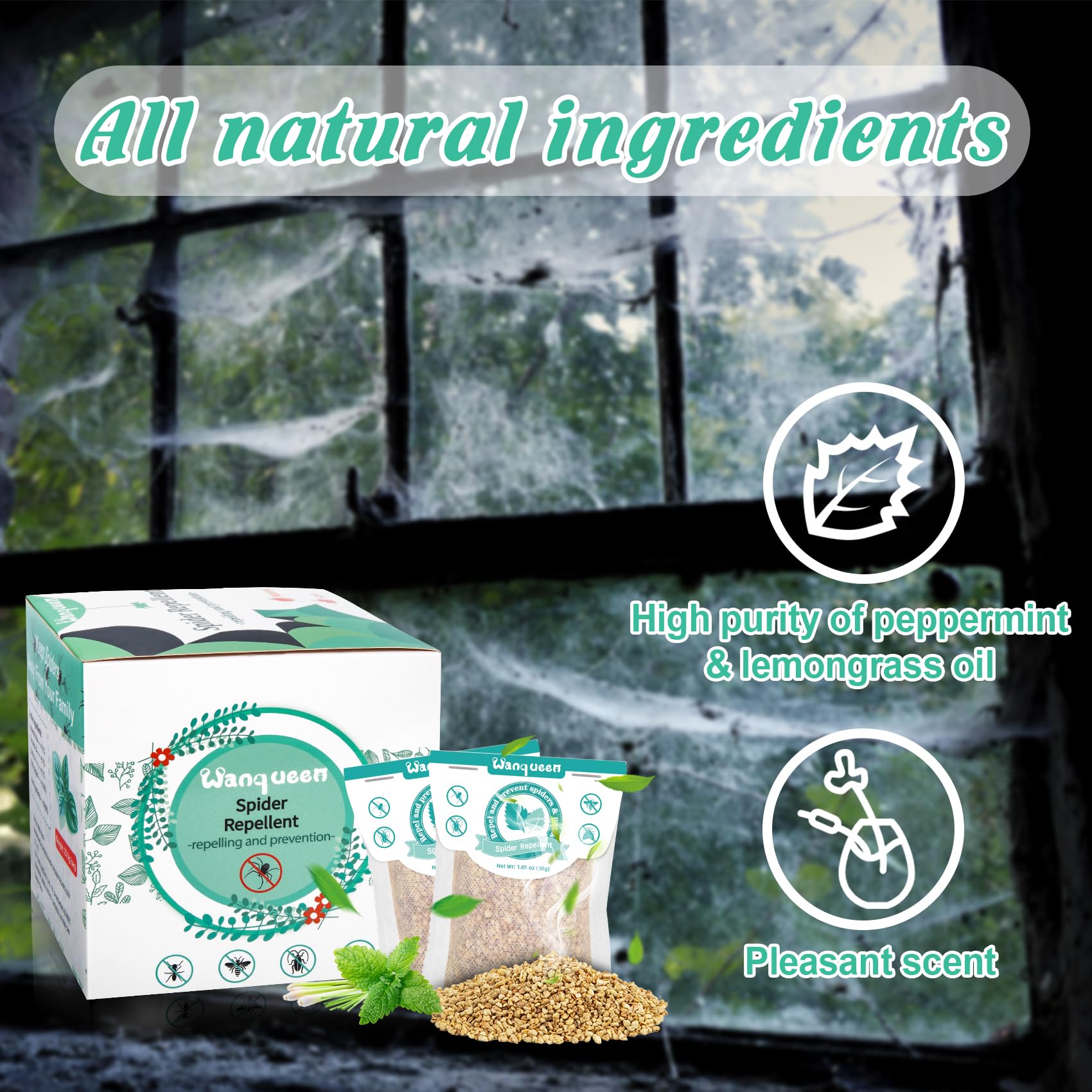 Close-up of Wanqueen Spider Repellent Pouch with mint scent