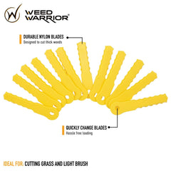 Close-up of WEED WARRIOR nylon replacement blades showing serrated edges