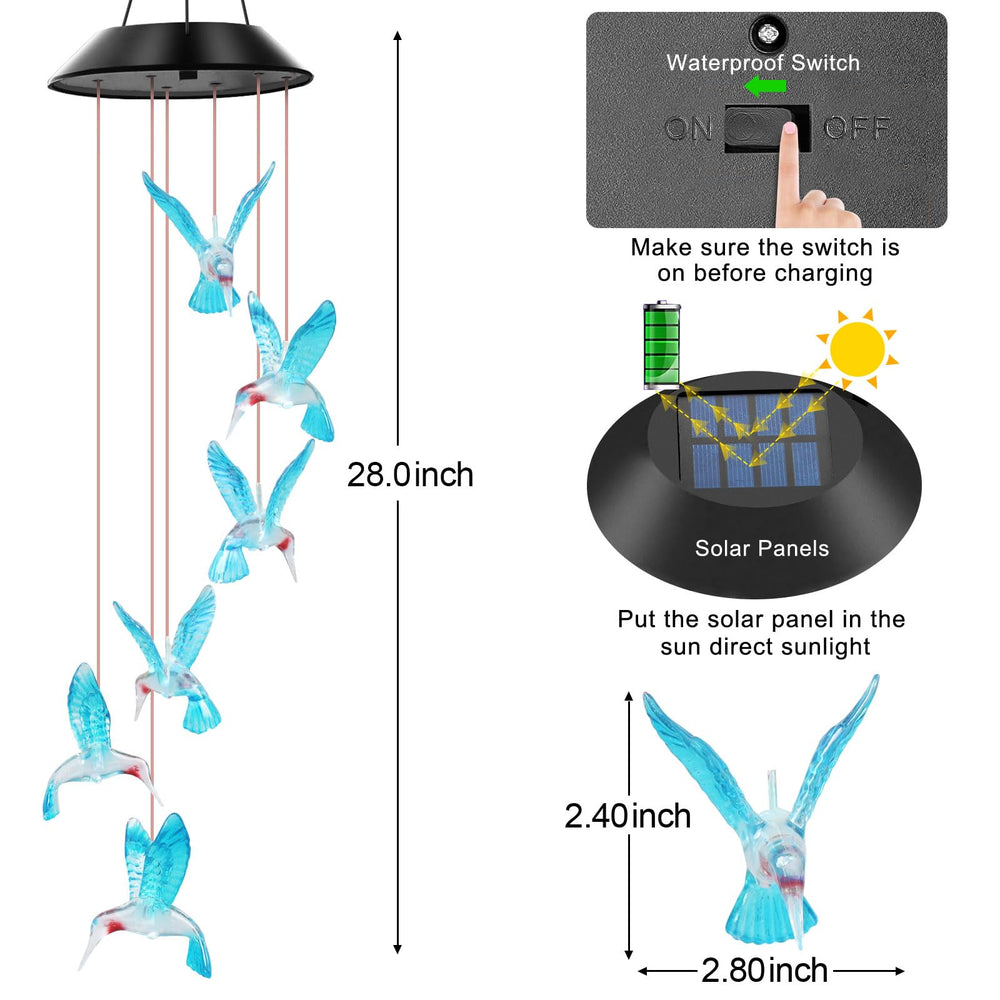 Close-up of WENANA Blue Hummingbird Solar Wind Chimes with LED lights