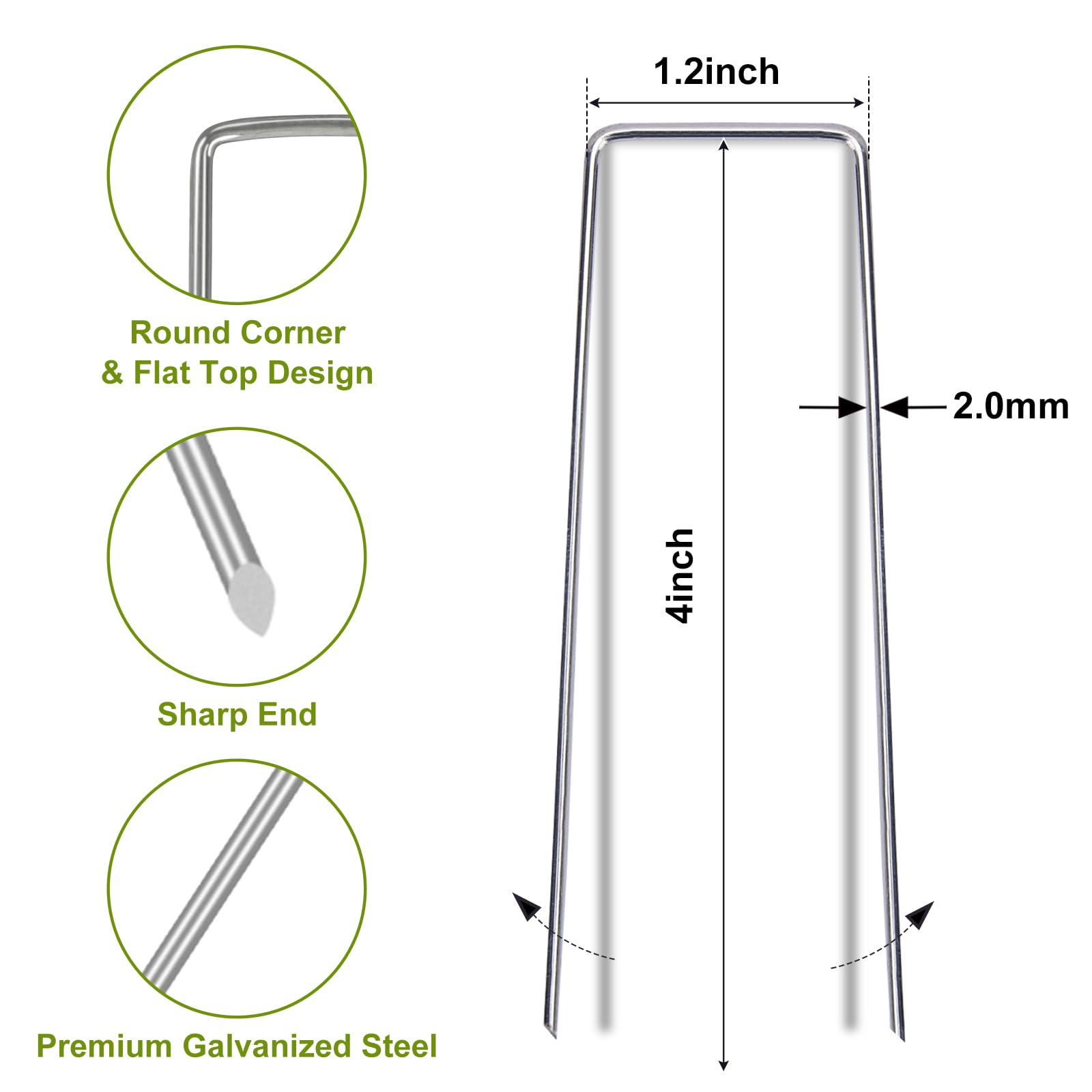 Close-up of Whonline 4-inch landscape staples with flat-top design