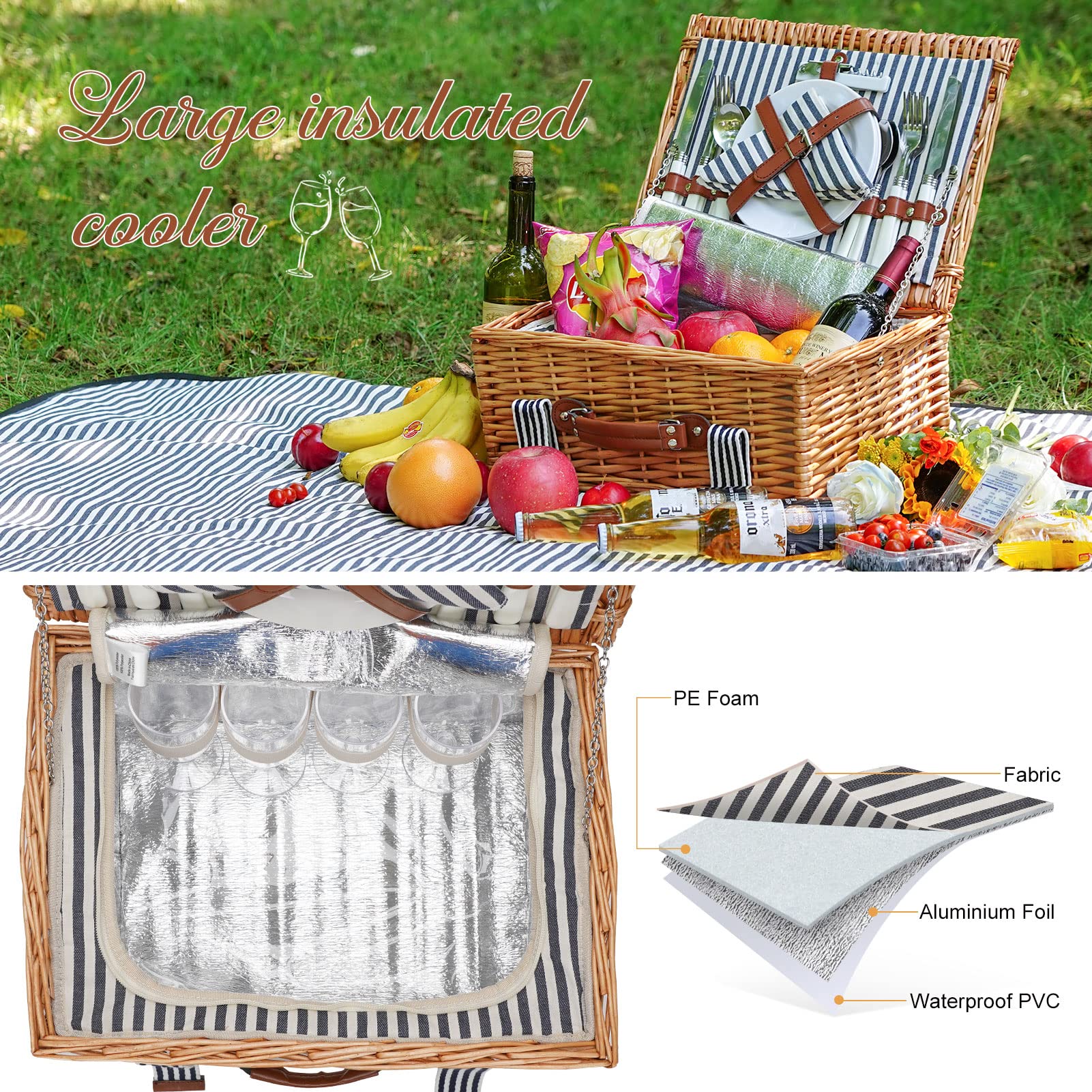 Close-up of WICKERLAND picnic blanket spread on grass