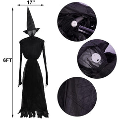 Close-up of winemana 6FT witch decoration with LED lights