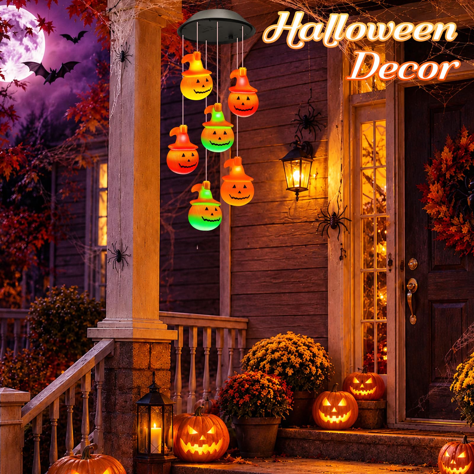 Close-up of Winzwon Solar Pumpkin Wind Chimes with colorful glow