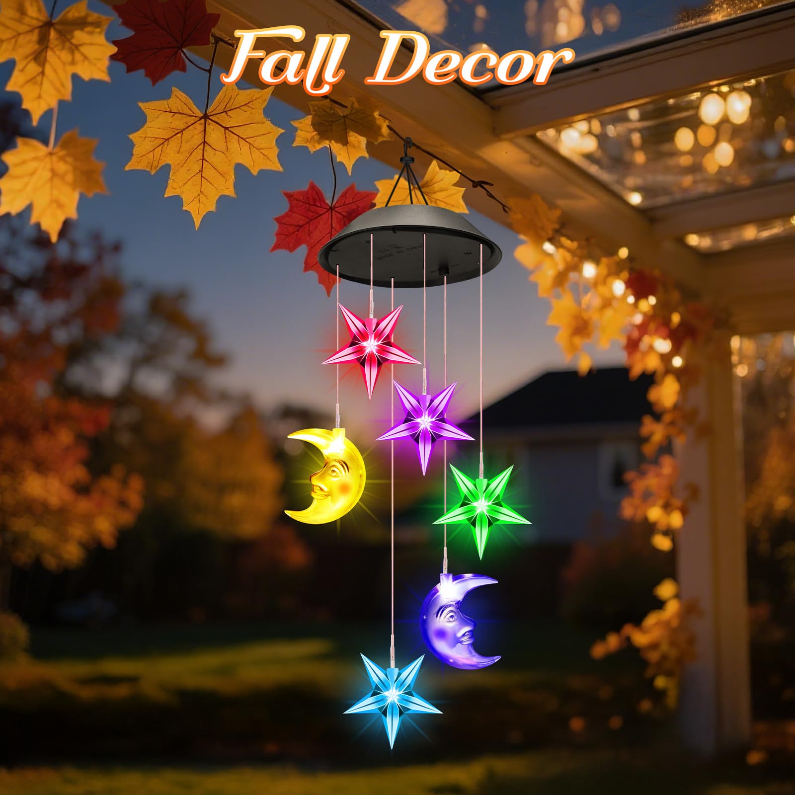 Close-up of Winzwon Solar Wind Chimes with colorful lights