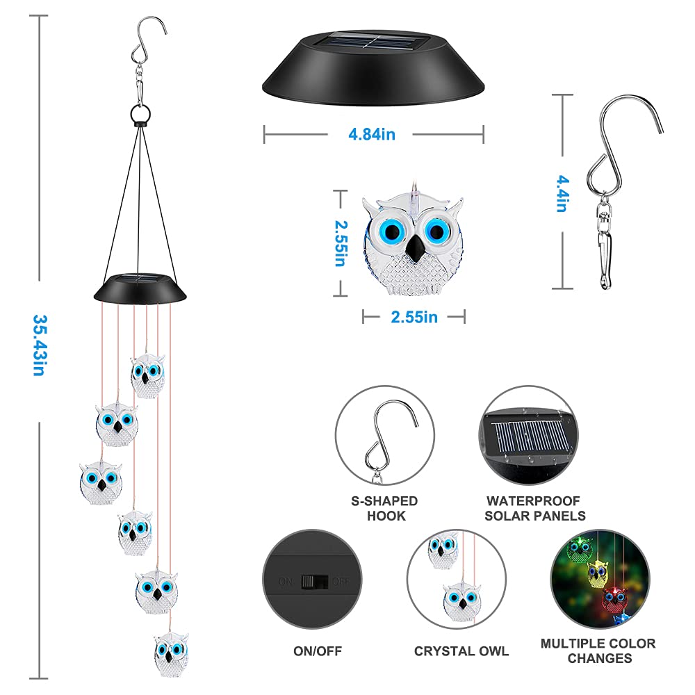 Close-up of Wjiang Solar Wind Chimes featuring crystal owls