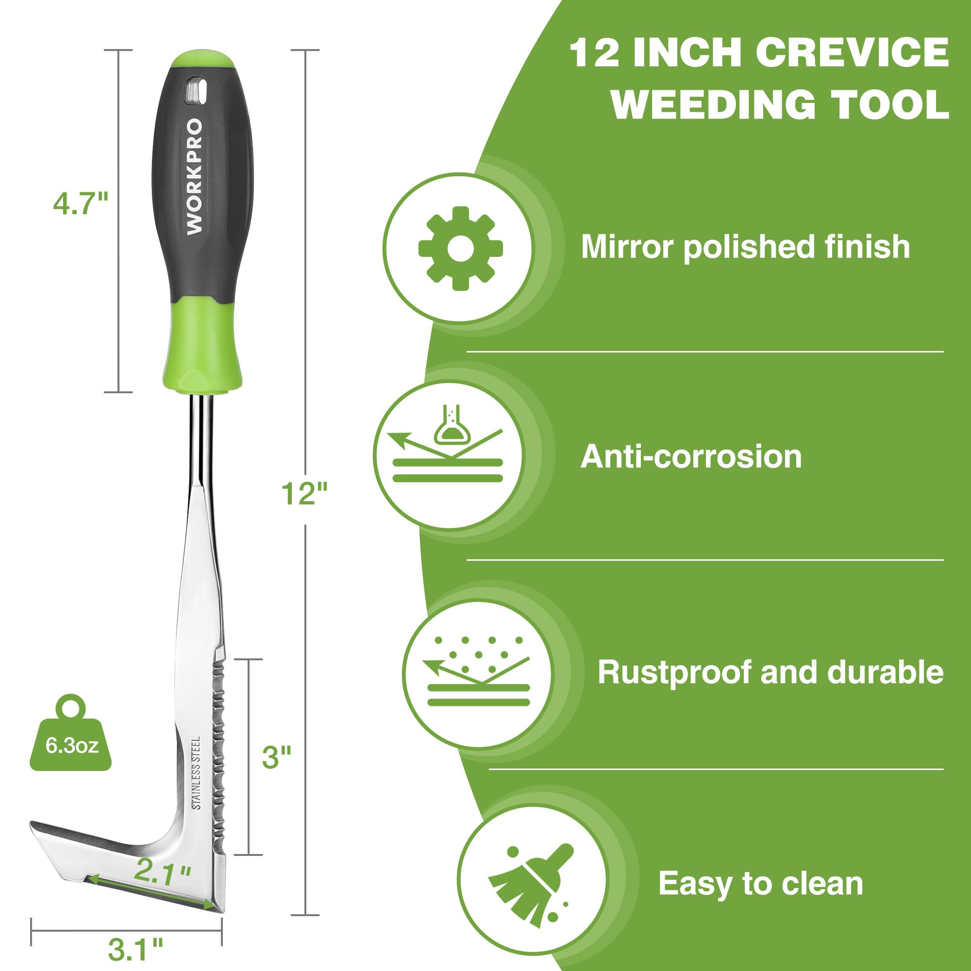 Close-up of WORKPRO crack weeder blade and handle