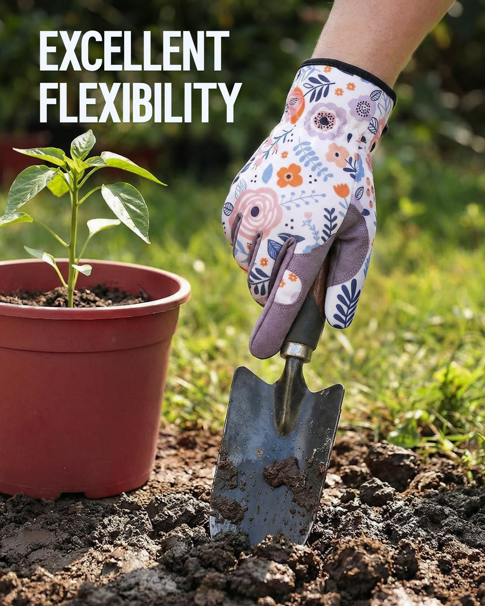 Close-up of WORKPRO Floral Garden Gloves touchscreen fingertips