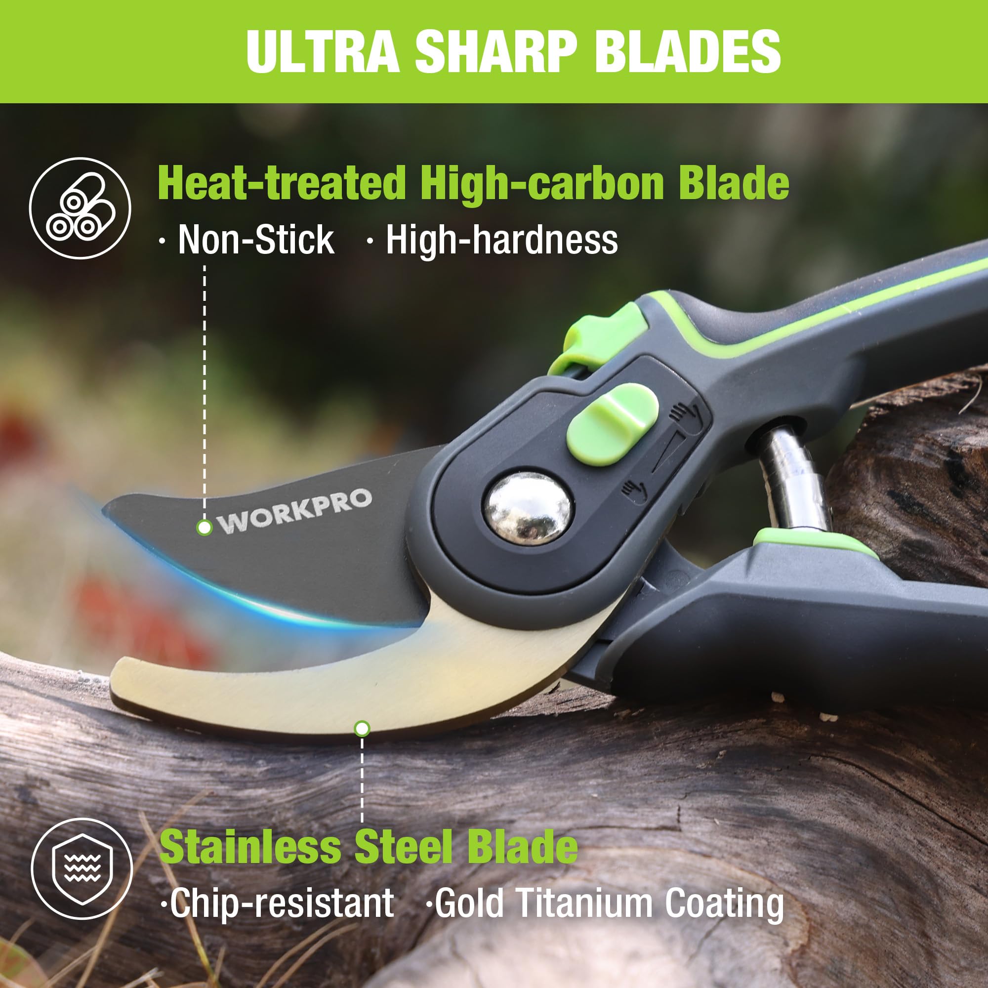 Close-up of WORKPRO garden clippers showing ergonomic handle and safety lock