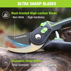 Close-up of WORKPRO garden clippers showing ergonomic handle and safety lock