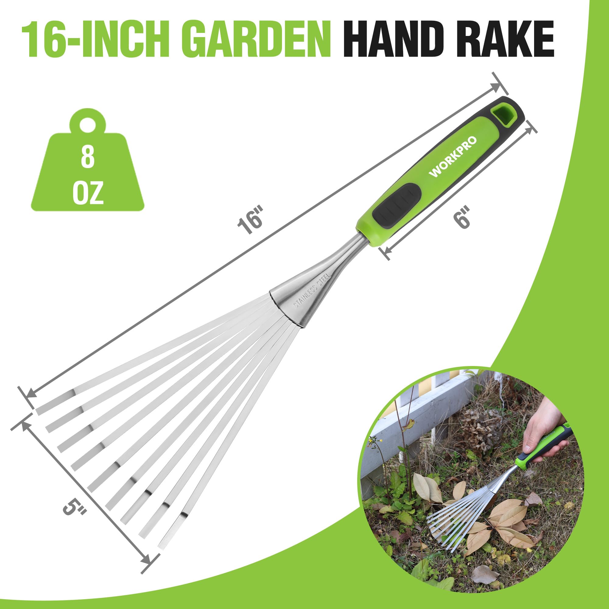 Close-up of WORKPRO hand rake tines in stainless steel
