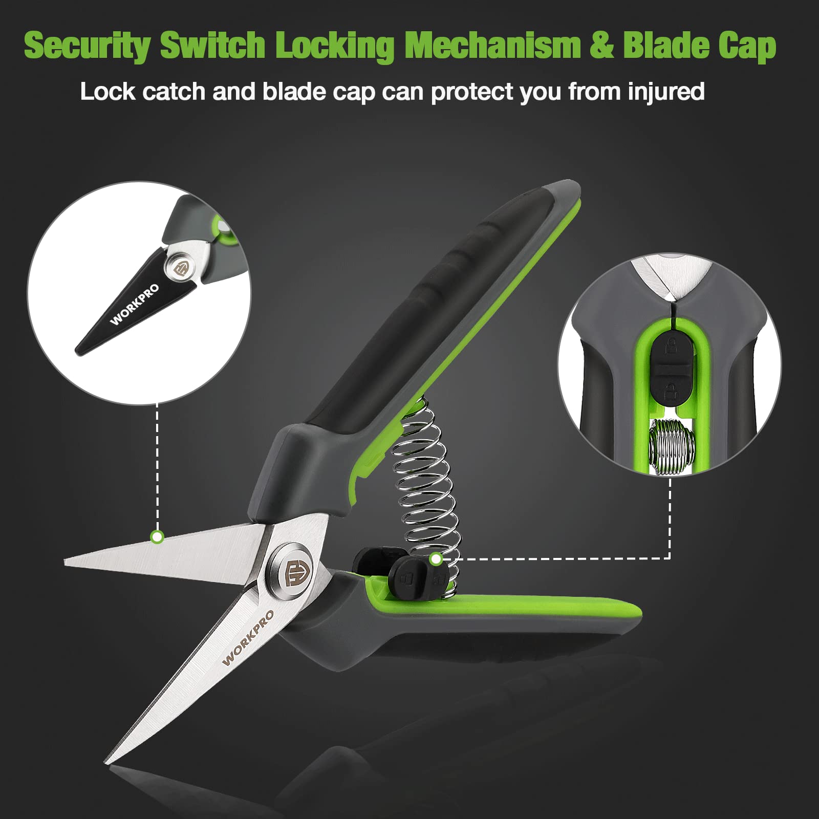 Close-up of WORKPRO stainless steel blades on pruning shears