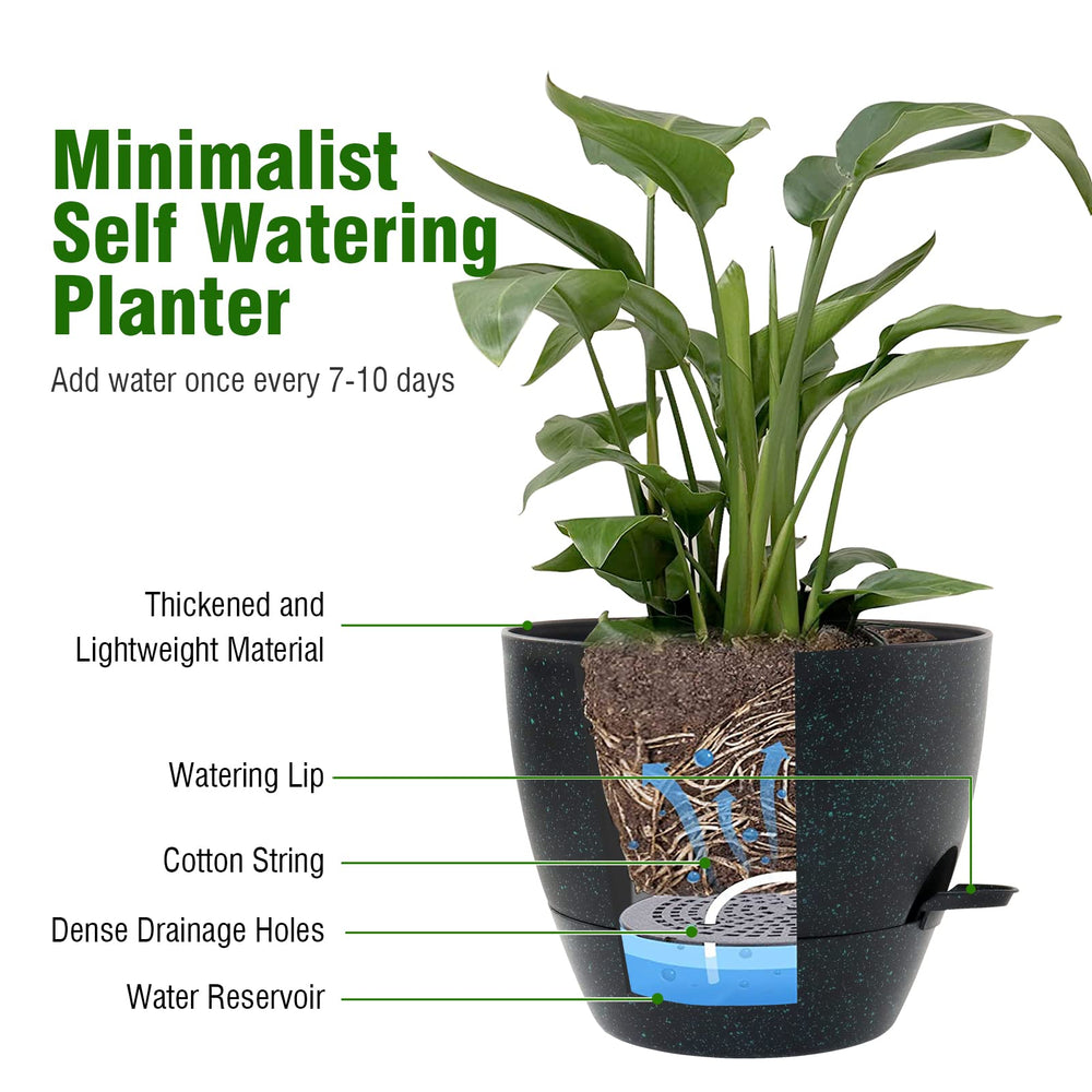 Close-up of WSMKSZ self watering pot showcasing the deep reservoir