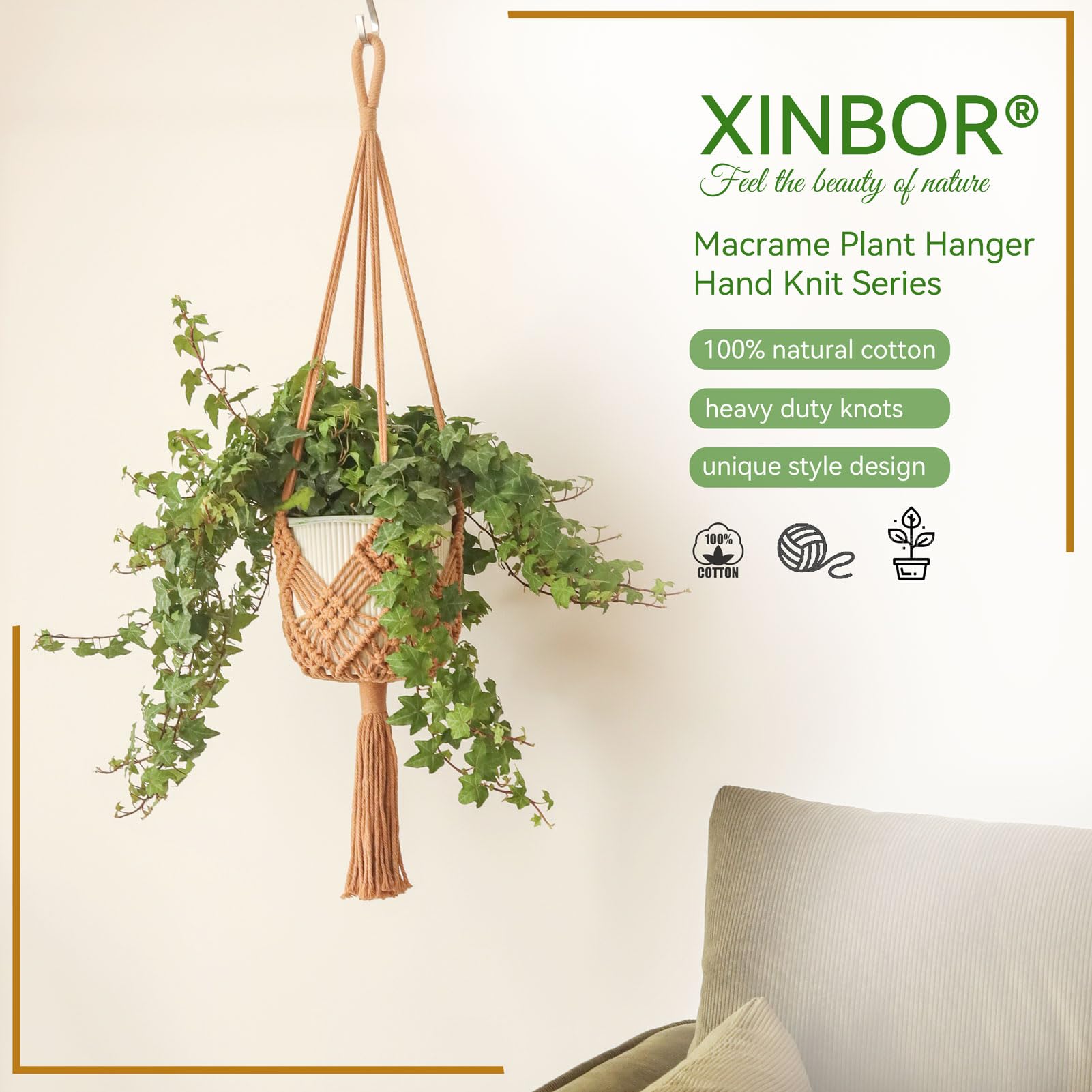 Close-up of XINBOR macrame plant hanger detail