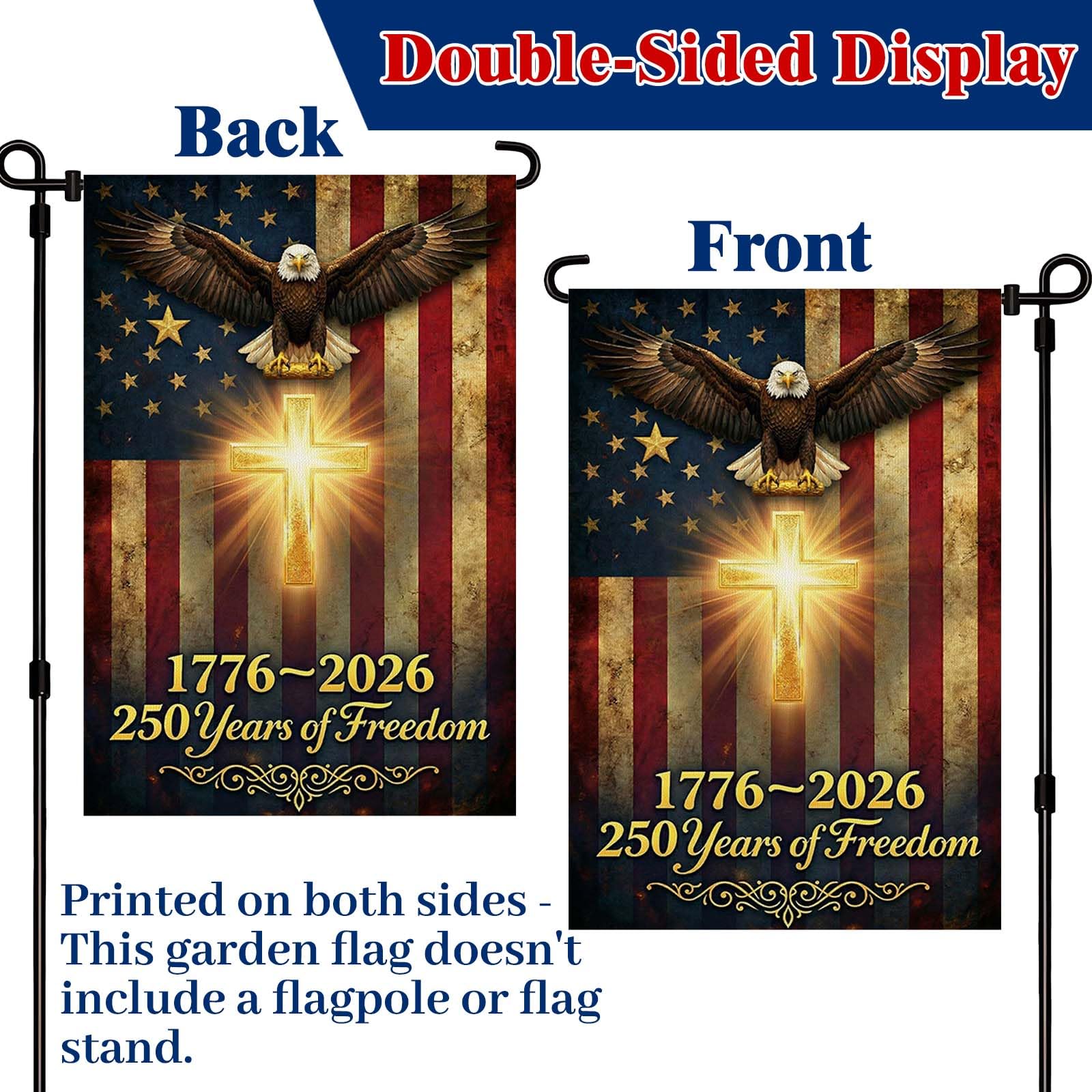 Close-up of XINNK 250 Anniversary USA Garden Flag displaying cross and eagle design