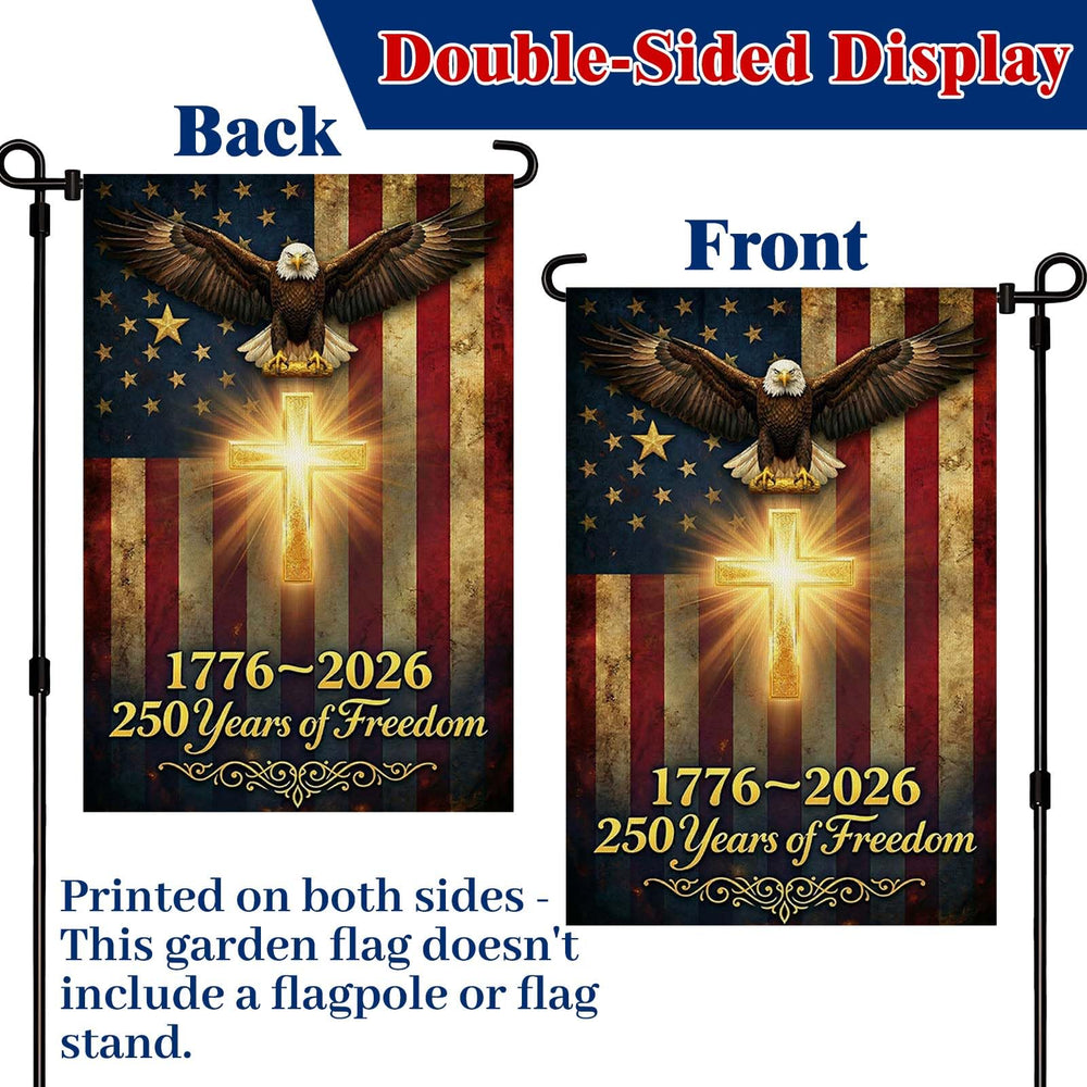Close-up of XINNK 250 Anniversary USA Garden Flag displaying cross and eagle design