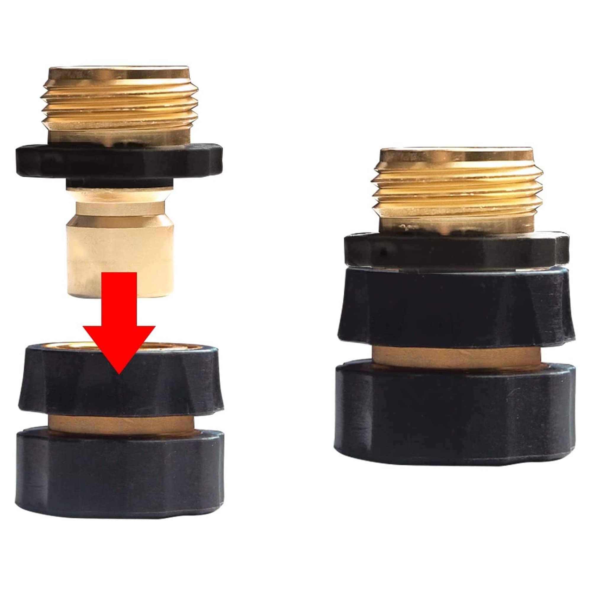 Close-up of Xiny Tool aluminum garden hose connectors with rubberized grips